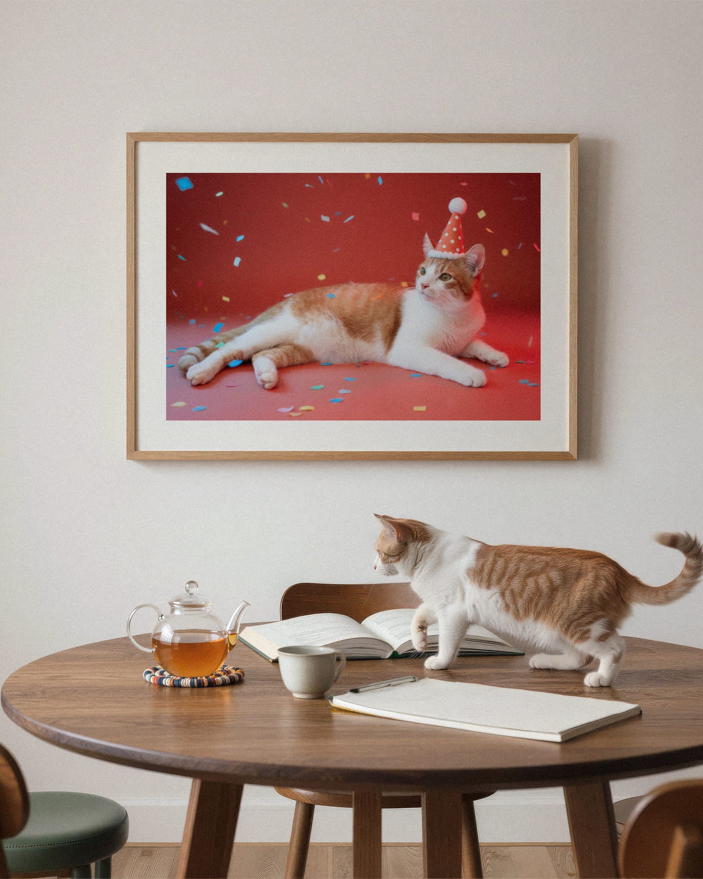 "The Gallery Wall" by YOUNI.ONE. An elegant dining room styling mockup showcasing a custom bespoke orange and white cat portrait in a light wood frame. The museum-grade statement piece features our signature vibrant red Studio Edit background, effortlessly complementing the modern wood interior aesthetic.