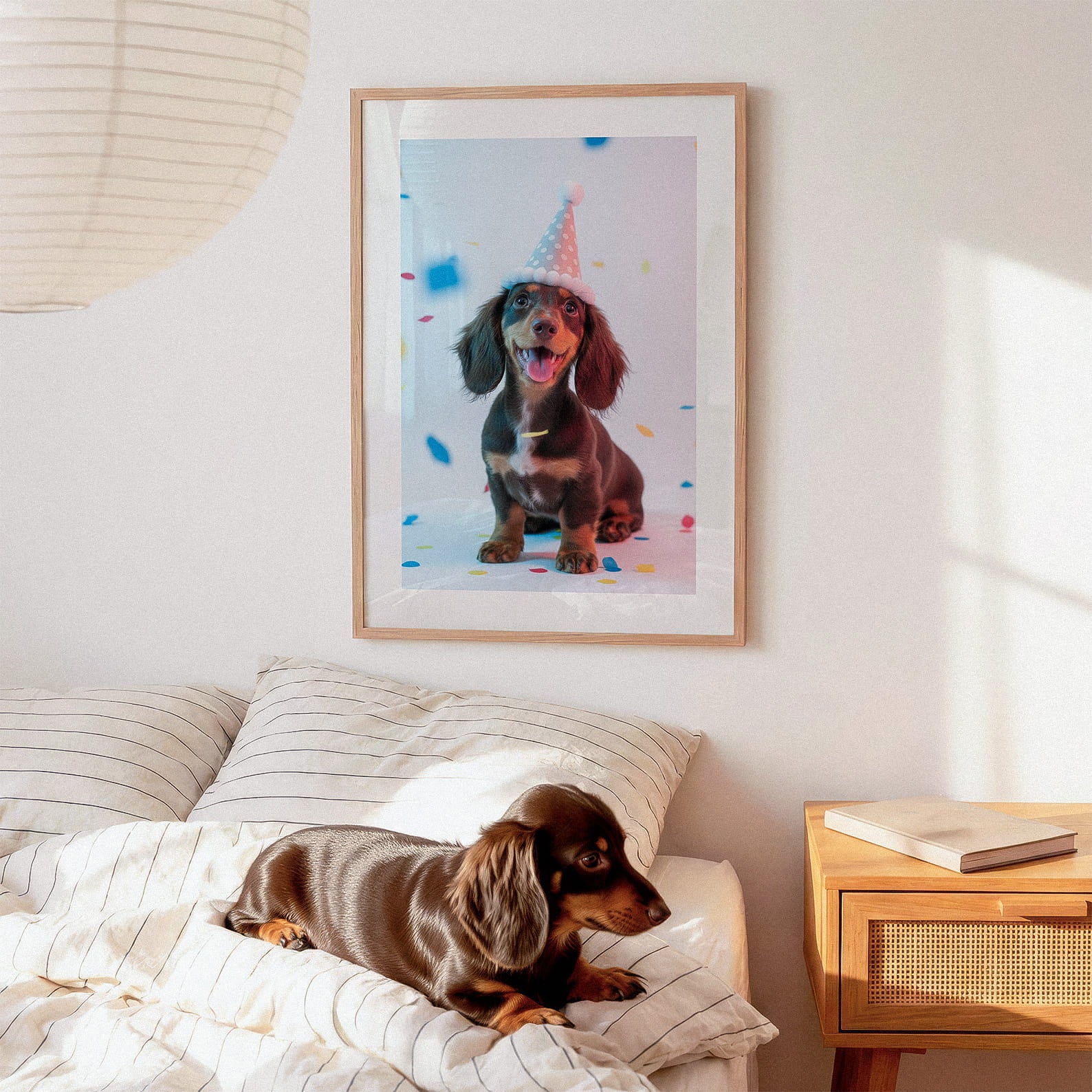 "The Gallery Wall" by YOUNI.ONE. A lifestyle mockup featuring a custom bespoke dog portrait of a Dachshund showcased above a bed. Elevate your everyday space with gallery-quality pet art that perfectly matches your interior design.