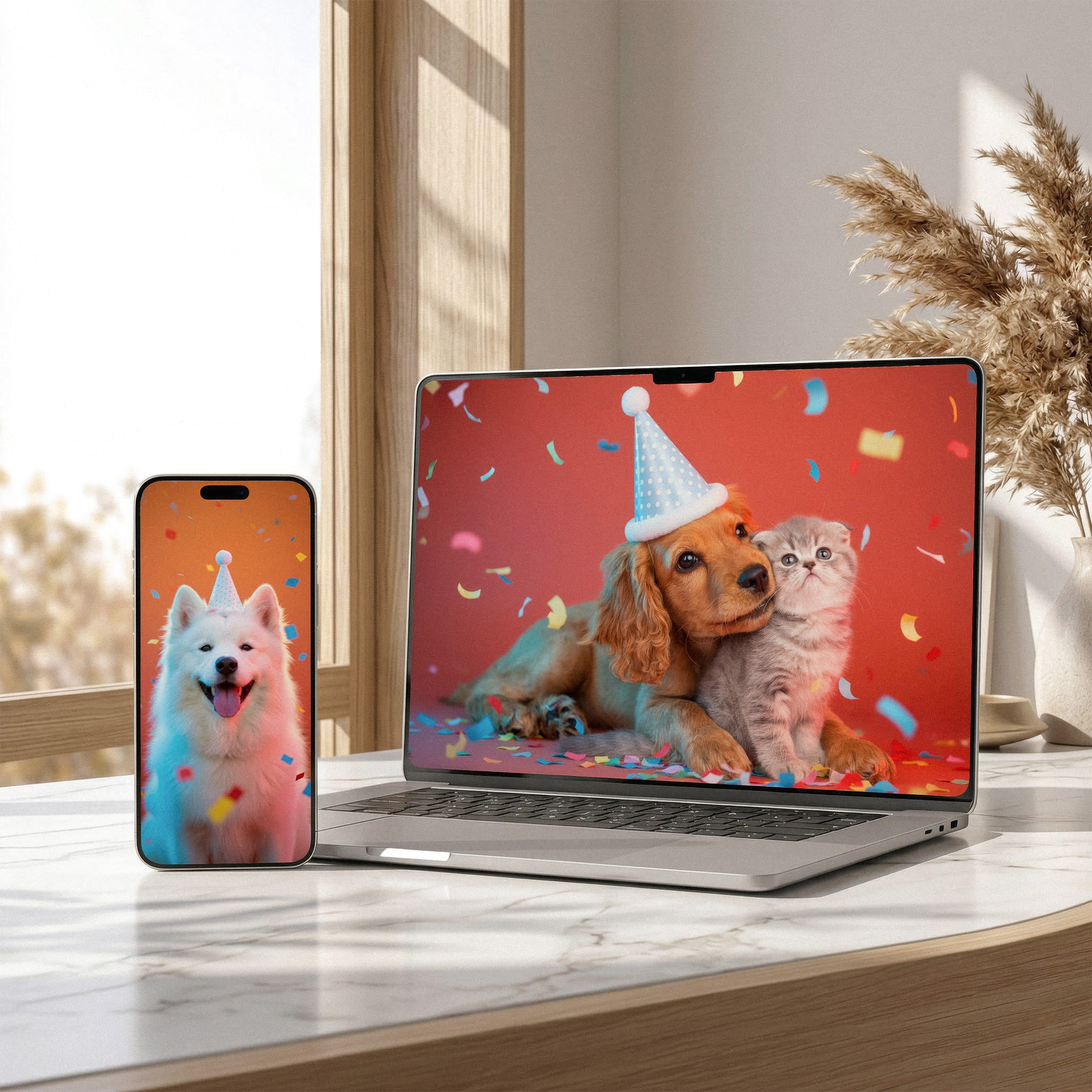 "Digital Masterfile" from The Studio Edit by YOUNI.ONE. A high-resolution digital download of a custom bespoke pet portrait, elegantly showcased as wallpapers on a smartphone and laptop. Premium digital pet art.