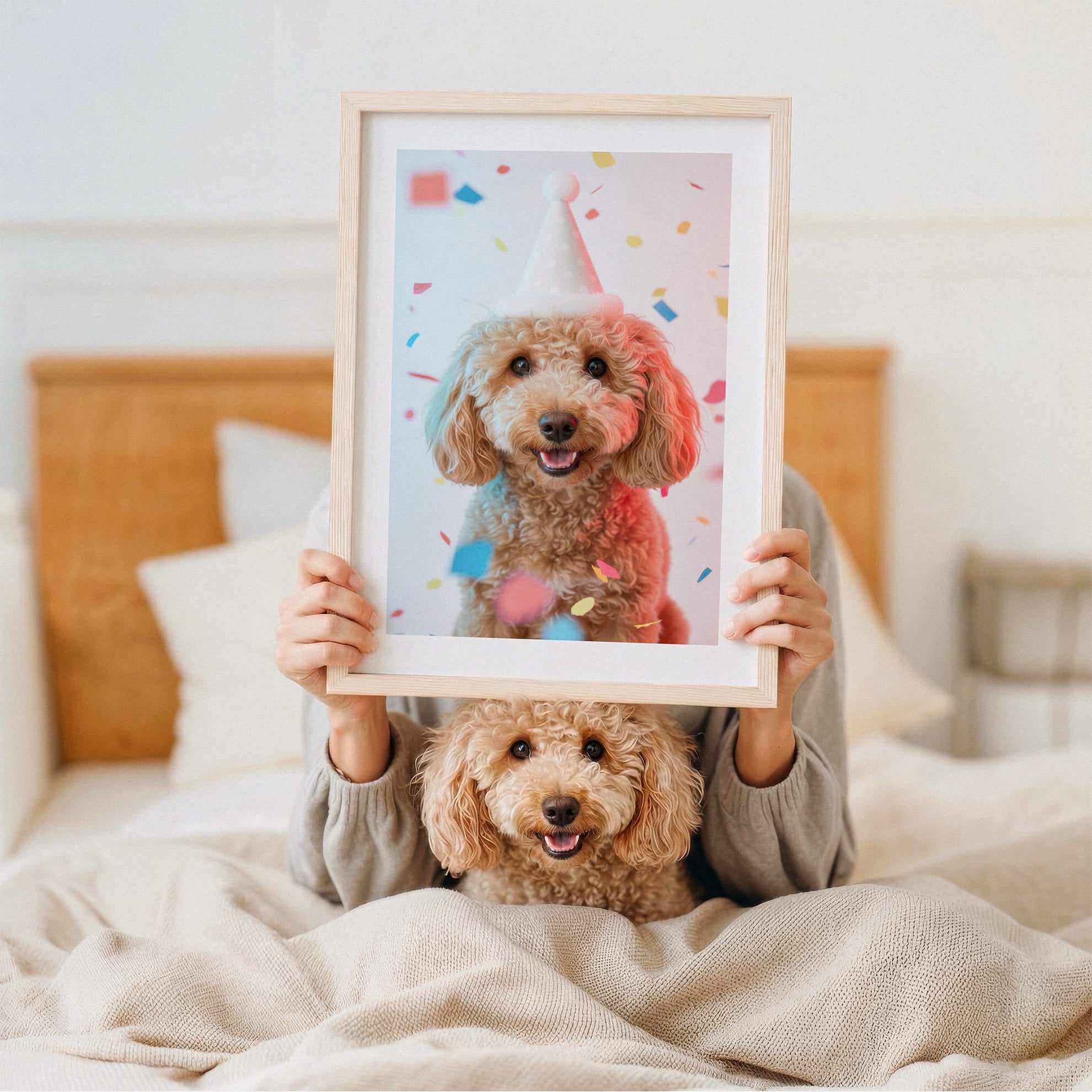 "Bespoke Portraits for Pet Lovers" by YOUNI.ONE. A heartwarming lifestyle display of a custom bespoke pet portrait in a classic wood frame, with the real dog playfully peeking underneath. We transform your favorite camera roll photos into gallery-quality statement pieces and custom pet gifts.